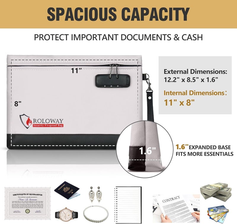 ROLOWAY Fireproof Money Bag with Lock for Cash, 6400°F Fire Proof Document Bag (12.2 x 8.5 x1.6 inches), Money Pouch with Zipper (Gray) - Image 2
